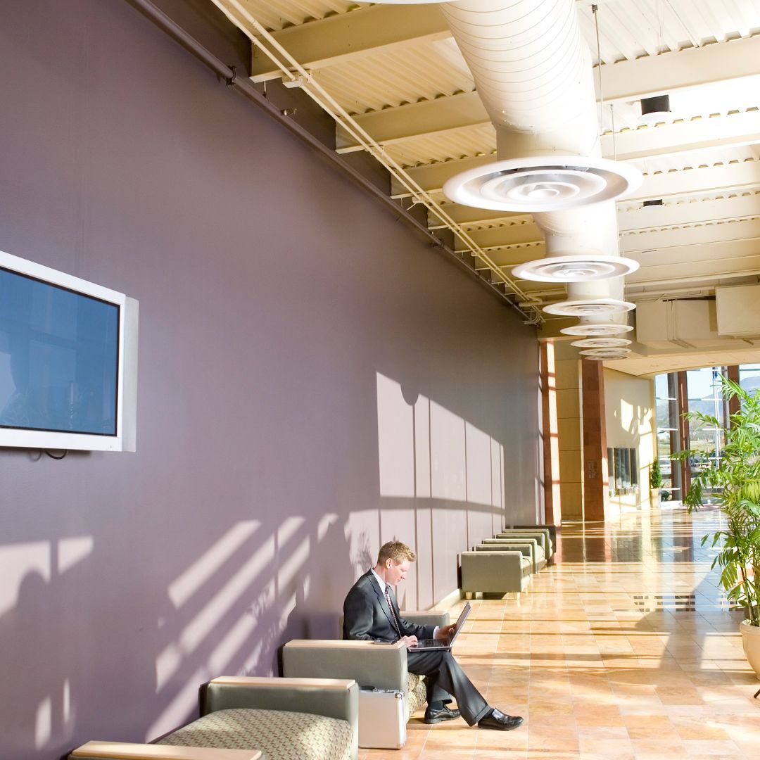 interior of an office space with a painted wall