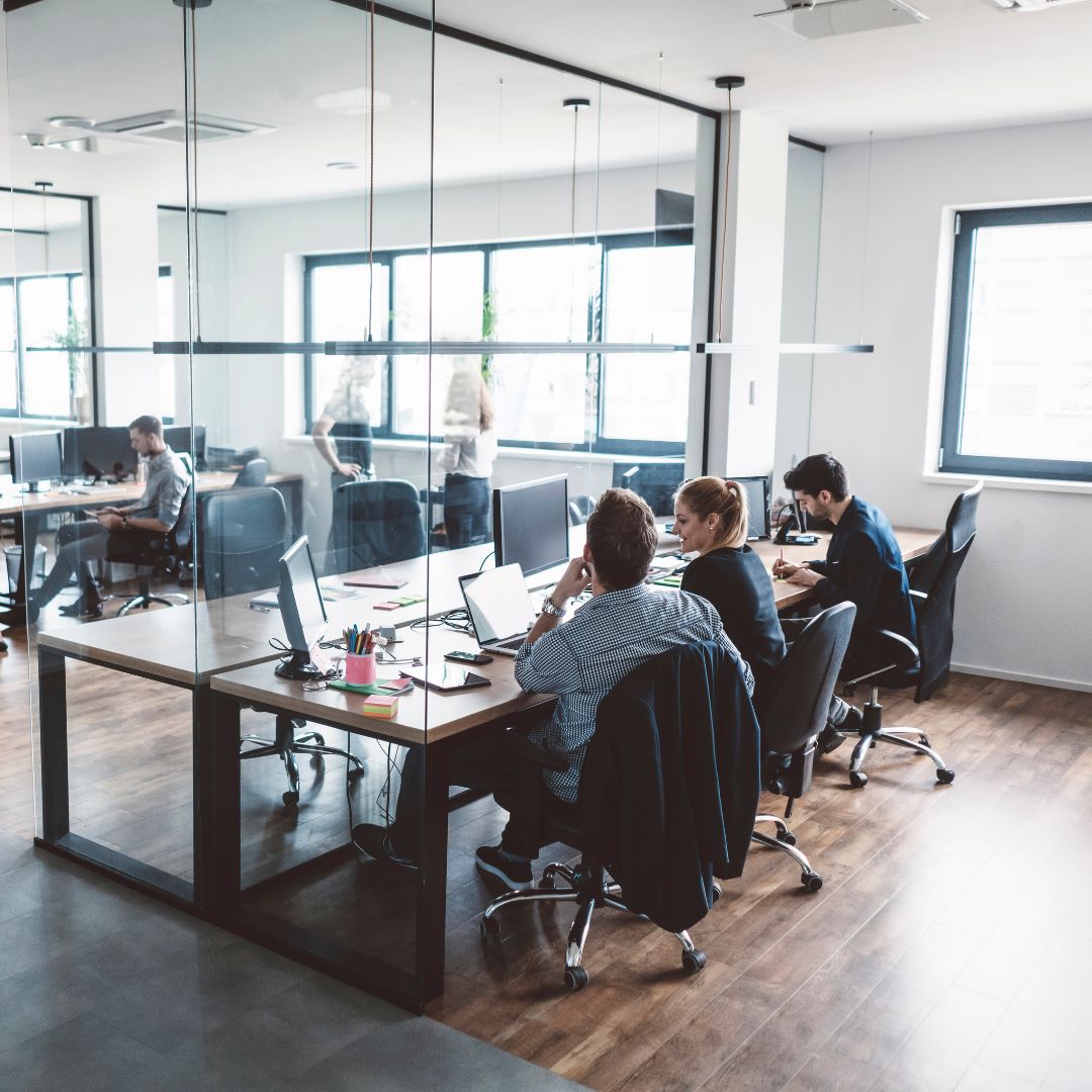 employees working in a bright, open office