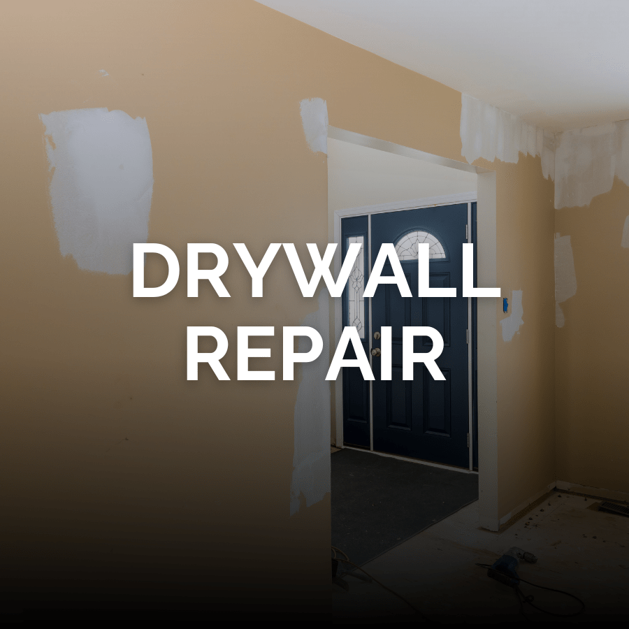 An interior wall with several areas of drywall repair and drywall patching with the words Drywall Repair across the middle