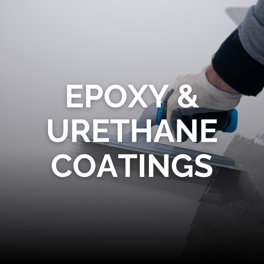 An epoxy or urethane coating being applied by trowel with the words Epoxy and Urethane Coatings across the middle