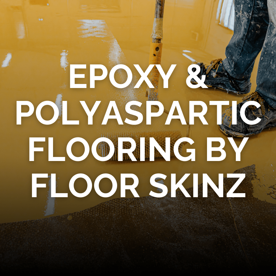 Yellow epoxy being applied to a concrete floor with a spiked roller with the words Epoxy and Polyaspartic Flooring by Floor Skinz across the middle