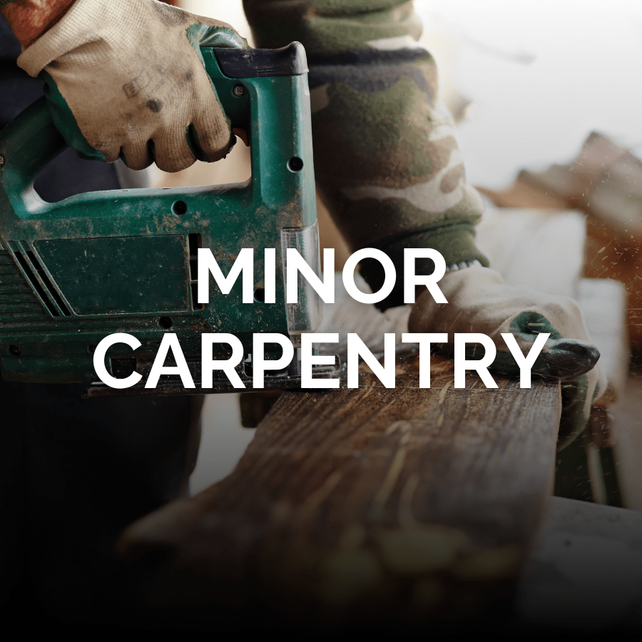 A professional using a green jigsaw to cut wood with the words Minor Carpentry across the middle