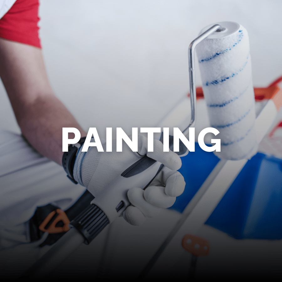 A professional painter holding a paint roller and other painting tools with the word Painting across the middle