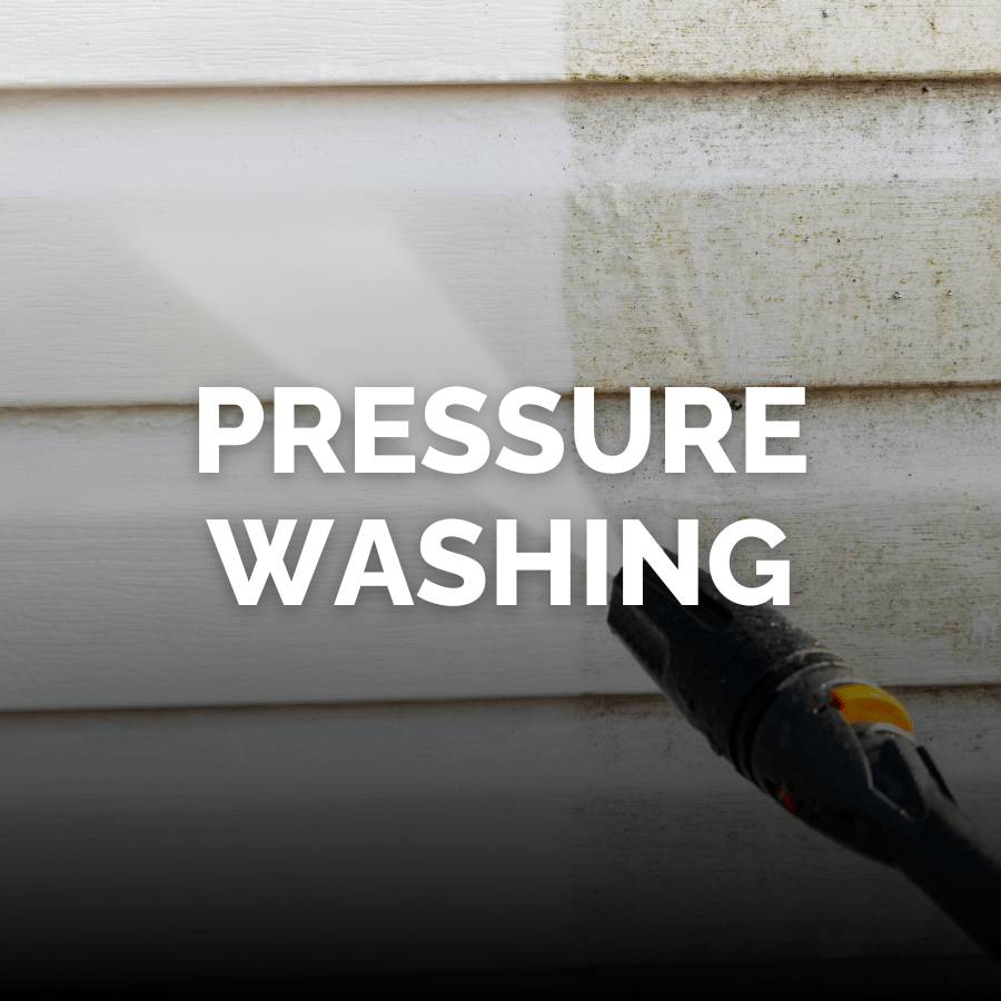 A Pressure washing nozzle in front of vinyl siding that has half power washed and half dirty with the words Pressure Washing across the middle