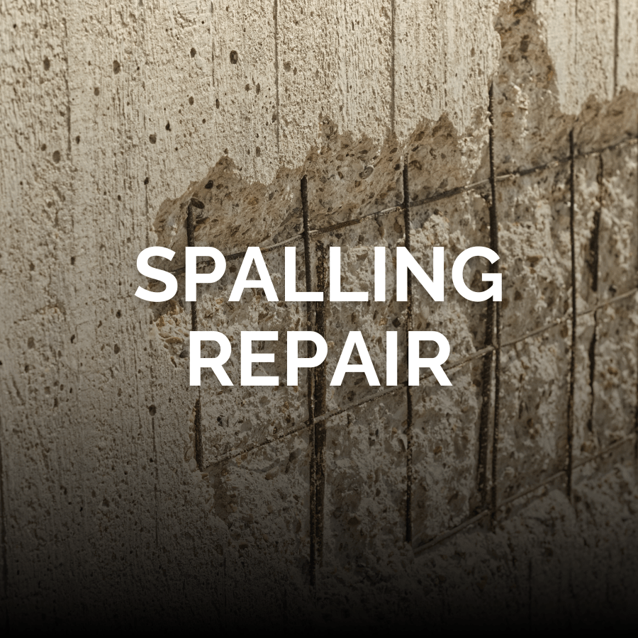 A spalling concrete wall with exposed, rusted rebar with the words Spalling Repair across the middle
