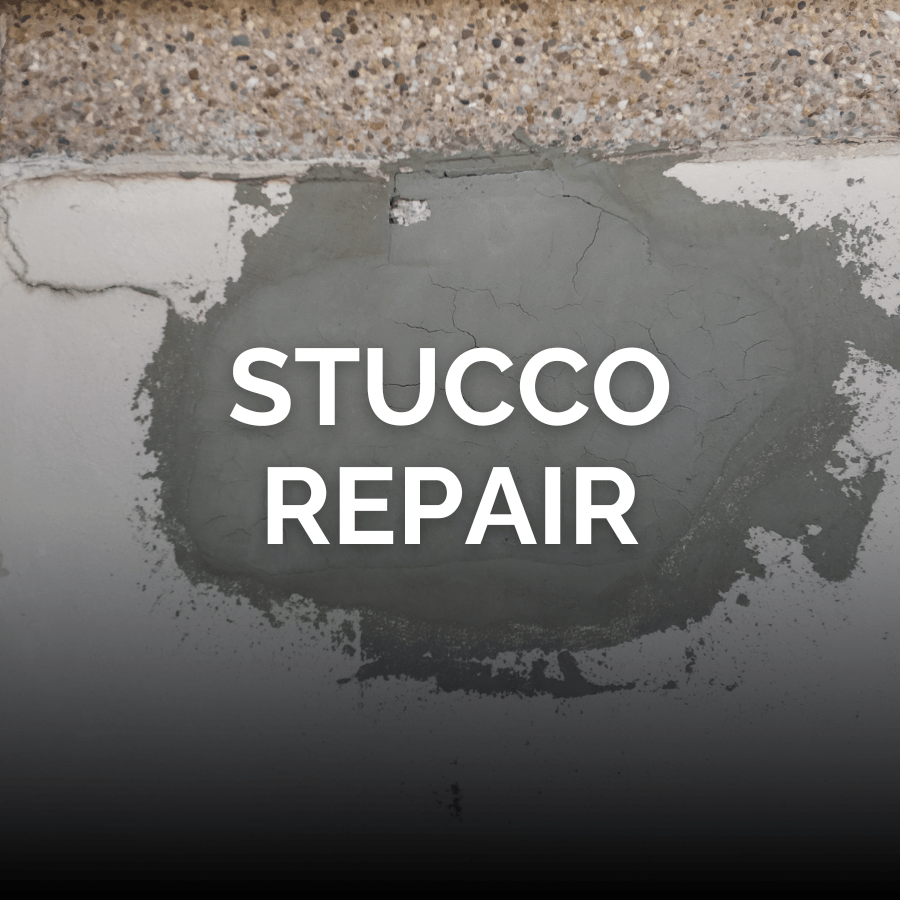 A white stucco or EIFS wall with a gray patch applied in the center with the words Stucco Repair across the middle