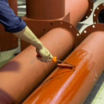 professional applies red urethane coating to large red metal pipe with a flange at the end