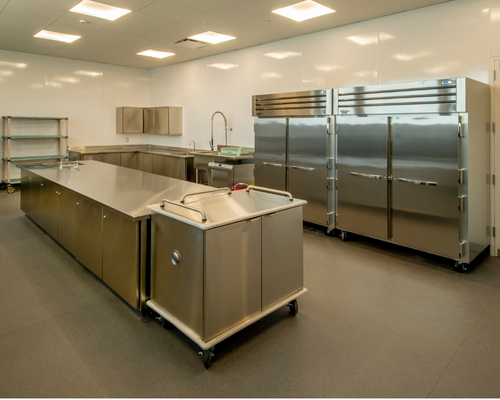 A commercial kitchen in an assisted living facility or retirement home with stainless steel double wide refrigerators aggainst the back wall and a stainless steel prep bench in the middle of the dark gray floor. The walls are glossy and white.