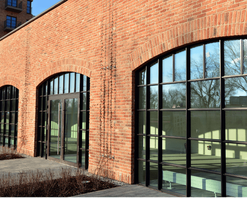 freshly painted metal window frames using DTM acrylic satin finish paint 